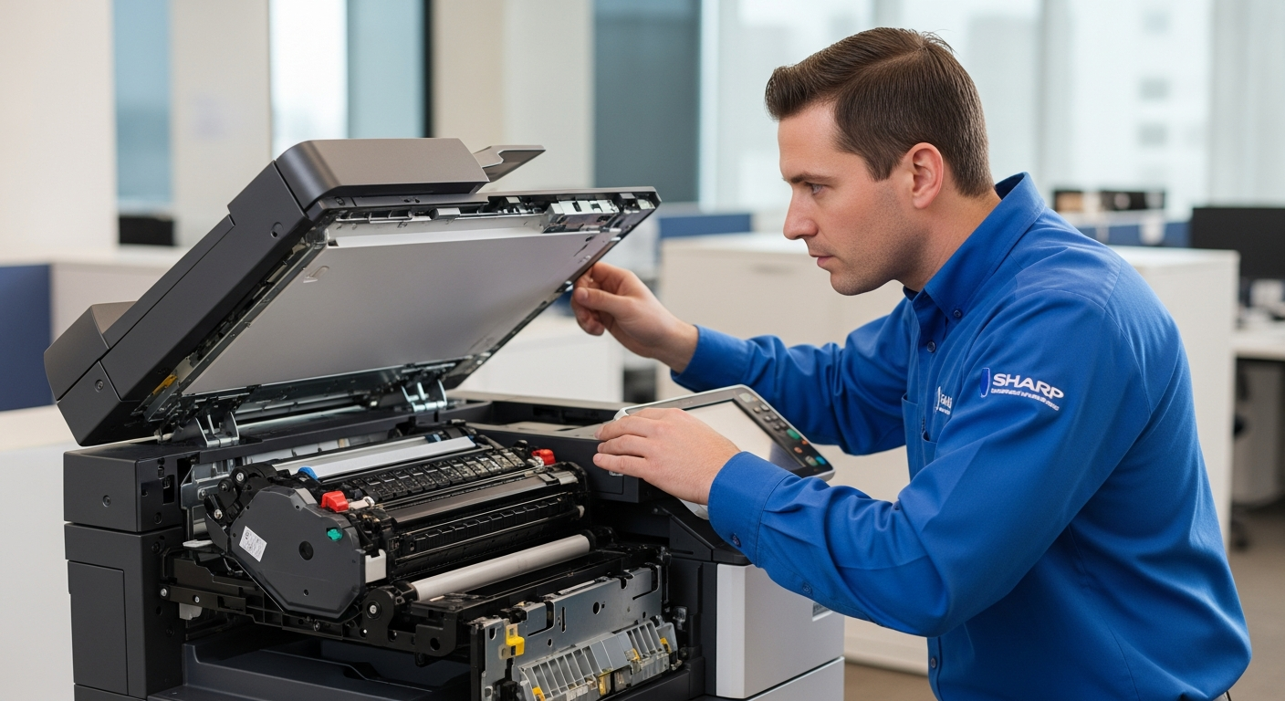 Sharp-certified technician servicing a copier in New Orleans